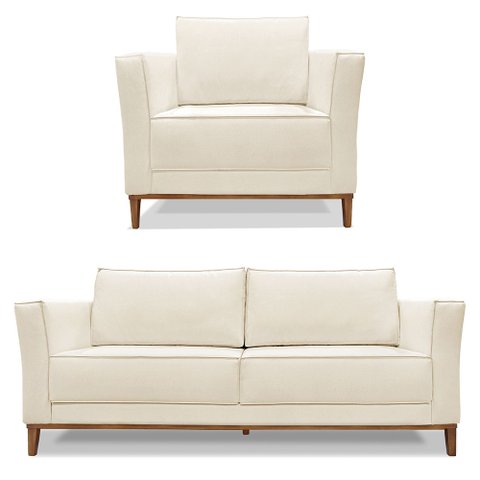 Kit Poltrona e Sofá Living 2 Lugares 1,70m Vega Linho Natural Pés Castanho - Pallazio Veja