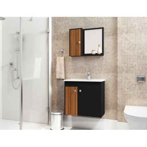 Conjunto Banheiro Munique Bechara Kit Gabinete com 2 Portas e Cuba e Armário com Espelho Ptf/rip