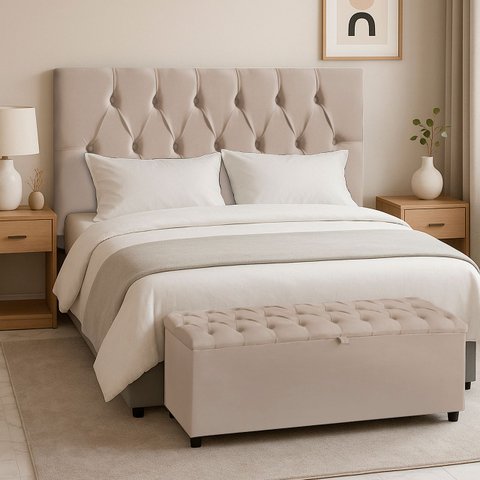 Cabeceira Casal Paris Estofada Painel com Recamier Baú 130cm para Cama Box Bege - Arkell