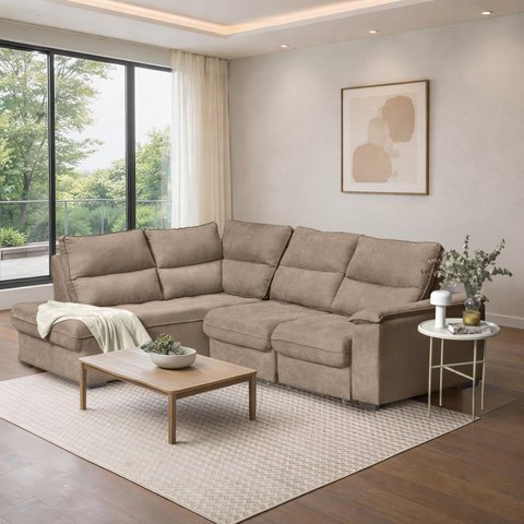 Sofá de Canto Retrátil Chaise Lado Esquerdo 4 Lugares Nest CabeCasa MadeiraOriginals Bege