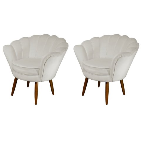 Kit 2 Poltronas Decorativa Pétala Couro Bege Pés Madeira Ms Decor