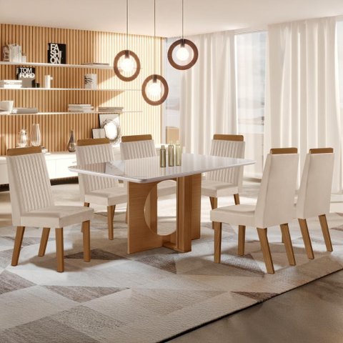 Conjunto Mesa de Jantar com Vidro e 6 Cadeiras 160cm Multimóveis Crljm-CON026 Madeirado/Off White