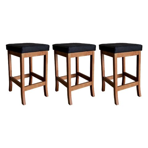 Kit 3 Banquetas Médias Modernas Barcelona Estofada 64 cm Madeira Maciça Suede Preto CCS