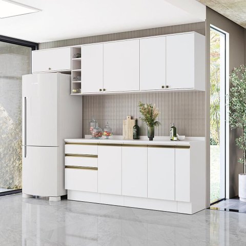 Armário de Cozinha Completa Garrafeiro 100% Mdf 280cm Branco Celeste Kappesberg