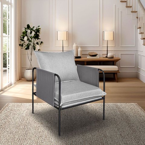 Poltrona Decorativa Mary Linho Cinza Base em Aço Preto - Bz Home Decor