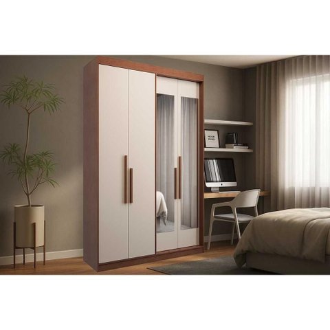 Guarda Roupa Solteiro 4 Portas (2 C/ Espelho) e 2 Gavetas Ph 1805 Carvalho/off White - Herval