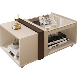 Mesa de Centro Sala Tampo Vidro Detalhes Moderno Rodízios:off White-havana