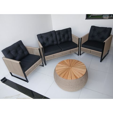 Conjunto Bahamas Rivieira Corda Nautica 1 Sofá 2 Poltronas 1 Mesa Tampo em Madeira Varandas Jardins