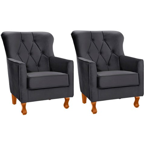 Kit 2 Poltronas para Sala Decorativas C/ Capitonê Carrara Veludo Cinza