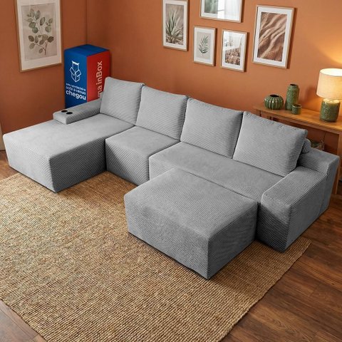 Sofá Evo 3,40m Molas Ensacadas com Apoio Chaise Lounge Esquerda Velourê Cinza Claro Cama Inbox