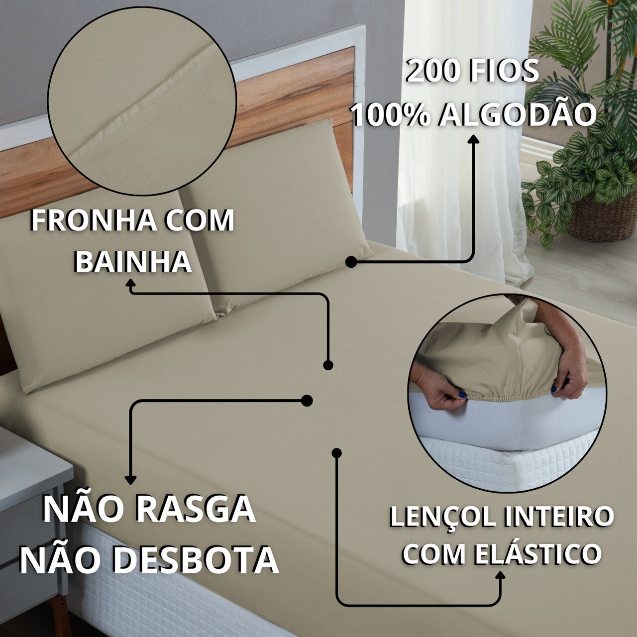 Kit Conjunto Lençol Queen com Fronhas 3 Peças Roupa de Cama Box 200 Fios Algodão:avela - 5