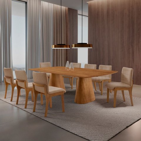 Sala de Jantar Mesa Noronha 220cm Tampo Laminado Barril com 8 Cadeiras Bella Mobillare