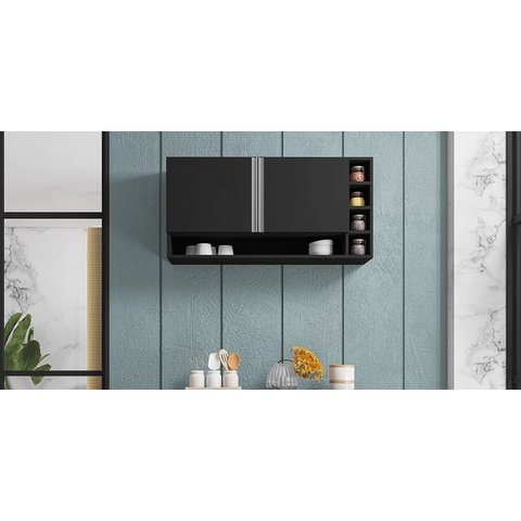 Armário Suspenso Aéreo Vanessa 105cm Preto 2 Portas - Ajl Móveis