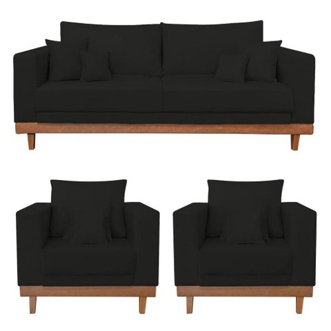 Kit 2 Poltronas Living + Sofá 3 Lugares com Base Madeira Suede Cor:preto