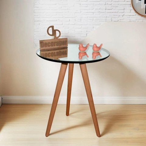 Mesa de Canto Pés Palito Amadeirado com Espelho Redondo MDF Madeira Maciça 60cm Decoraper