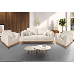 Kit Sofá 3 Lugares e 2 Poltronas Beny Viena com Base de Madeira Linho Bege - Madeira Prima Deccor - 2 Kit Sofá 3 Lugares e 2 Poltronas Beny Viena com Base de Madeira Linho Bege - Madeira Prima Deccor - 2