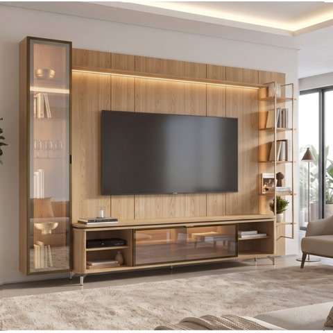 Estante TV 75 pol Prateleiras e Cristaleira Vidro Reflecta 100% MDF LED Lincoln Float 254cm Carvalho