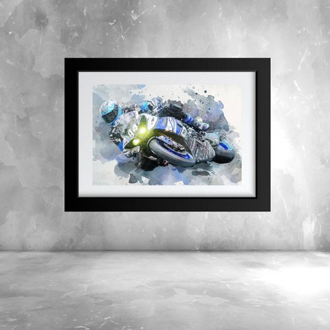 Quadro Aquarela Piloto Motocicleta - 60x48cm:moldura Preta