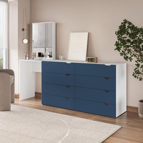 Cômoda Penteadeira Porto 8 Gavetas com Espelho 209x160cm Azul/Branco 240891