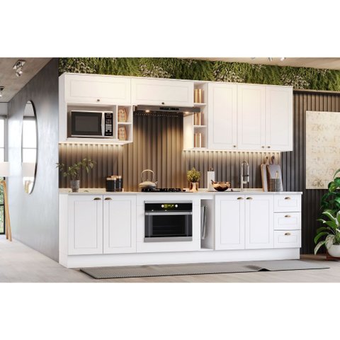 Cozinha Modulada 300cm com Espaço para Cooktop Forno de Embutir e Nicho de Micro-ondas 9 Portas 3 Ga