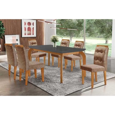 Conjunto: Mesa Sala Jantar Londrina C/ Tampo Madeirado C/ Vidro Canto Curvo 180x90cm e 6 Cadeiras