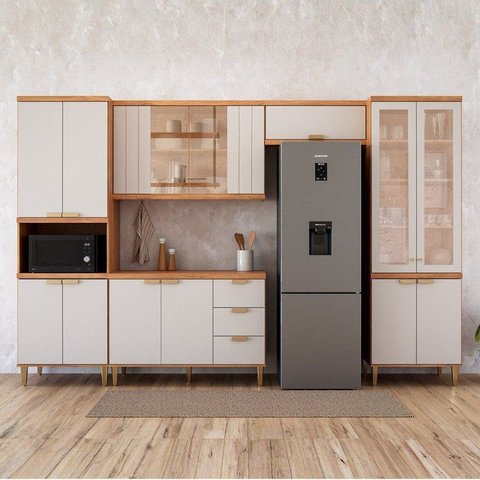 Cozinha Modulada 5 Peças 1 Cristaleira 1 Balcão 2 Armários Aéreo 1 Torre Elena Cinamomo/Offwhite