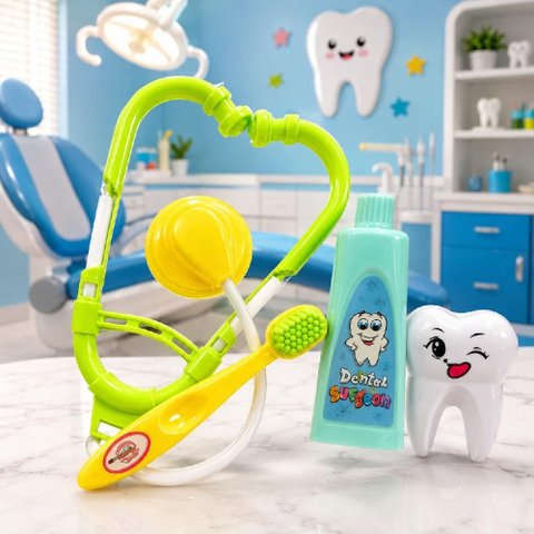 Kit Dentista Faz Conta Infantil 4 Pecas Estetoscopio Dente Escova Pasta Educativo