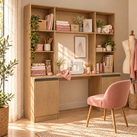 Mesa de Costura com Estante e 2 Portas para Ateliê 180cm Multimóveis MP6112 Madeirado