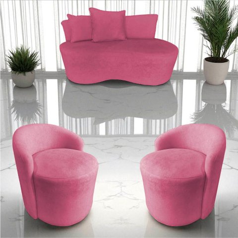 Kit Namoradeira + 2 Poltronas Yara Orgânica Veludo Rosa