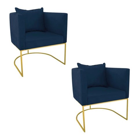 Kit 2 Poltronas Paola Suede Azul Marinho Base Metálica Dourado - D'Rossi