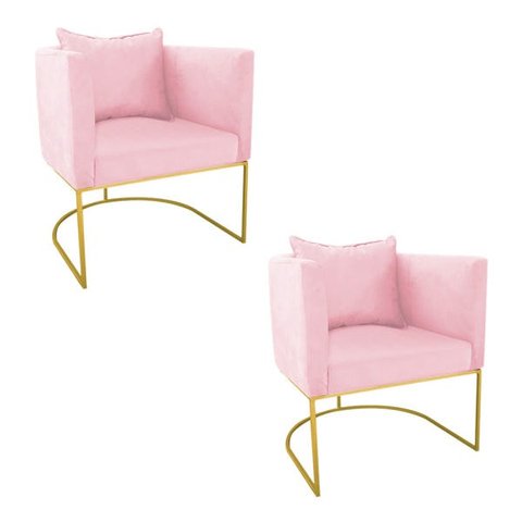 Kit 2 Poltronas Paola Suede Rosa Bebê Base Metálica Dourado - D'Rossi