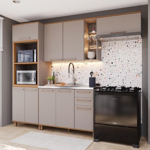 Armário de Cozinha Modulada Compacta Fidelitá Berlim 4 Peças 270cm 9 Portas 2 Gavetas sem Tampo