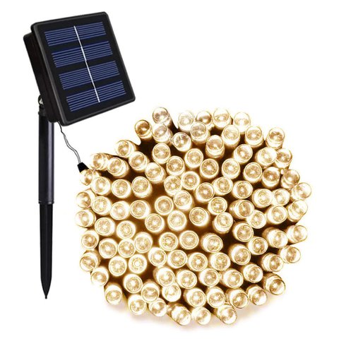 Pisca Cordão Solar Natal LED 100 Lâmpadas Luz Amarela 8m 8 Funções
