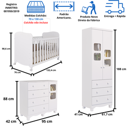 Quarto de Bebê Completo Berço Americano Guarda Roupa Uli 2 Portas Cômoda 4 Gavetas Uli - 2