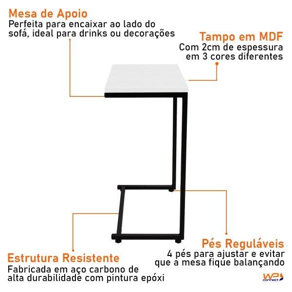 Mesa de Apoio Lateral para Sofá Aço Carbono e MDF 50x32cm - Branco - 6