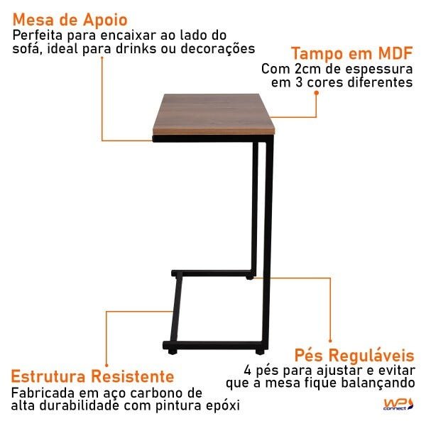 Mesa de Apoio Lateral para Sofá Aço Carbono e MDF 50x32cm - Amadeirado - 6