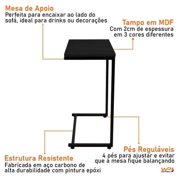 Mesa de Apoio Lateral para Sofá Aço Carbono e MDF 50x32cm - Preto - 6
