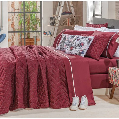 Kit Cobre Leito Capri Vinho Casal Queen 3 Peças - Bordados Ricardo 3015v