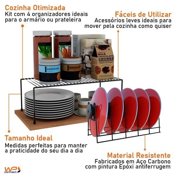 Kit Organizadores de Armário Porta Xícaras Suporte Travessas Prateleira 4 Peças - 3