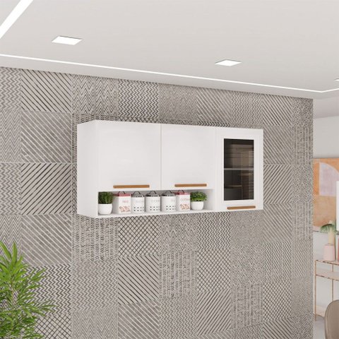 Armário Aéreo Cozinha 120 cm Rubi 3 Portas com Vidro Fumê Branco/Cinamomo - Pnr Móveis