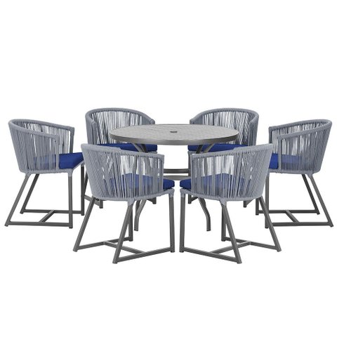 Mesa com 6 Cadeiras de Jantar Roma 120cm e Noronha em Alumínio Preto Corda Náutica Estofado 10 Trama