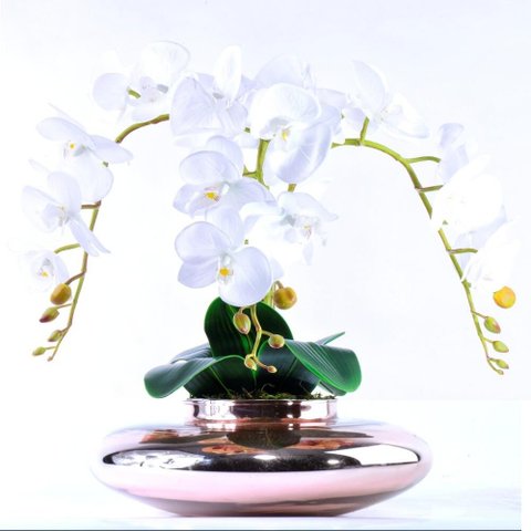 Arranjo 3 Orquídeas Artificiais em Terrário Rose Gold