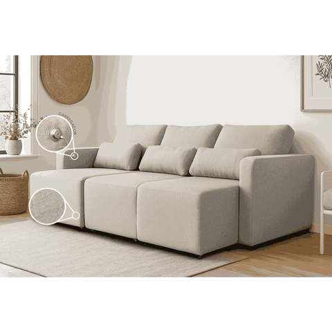 Sofá Baroni no Tecido Linho, Modular com 3 acentos com Almofadas Soltas e Dispositivo USB | De Casa