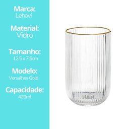 Jogo 6 Copos Versalhes Gold Vidro Filete Borda Dourada 420ml - Lehaví - 8