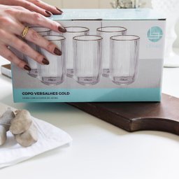 Jogo 6 Copos Versalhes Gold Vidro Filete Borda Dourada 420ml - Lehaví - 9