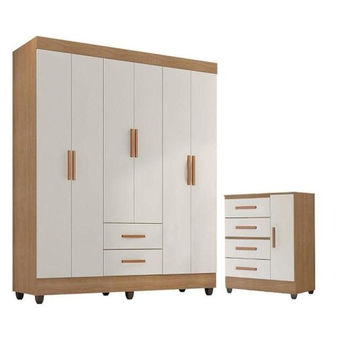 Guarda Roupa Casal 6 Portas e Cômoda 4 Gavetas 01 Porta Lite Nature Off White - Móveis Leão