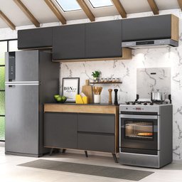 Armário de Cozinha Compacta 4 peças Lisboa Multimóveis MP2137 Rustic/Preto - 1 Armário de Cozinha Compacta 4 peças Lisboa Multimóveis MP2137 Rustic/Preto - 1