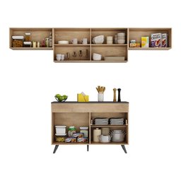 Armário de Cozinha Compacta 4 peças Lisboa Multimóveis MP2137 Rustic/Preto - 4 Armário de Cozinha Compacta 4 peças Lisboa Multimóveis MP2137 Rustic/Preto - 4