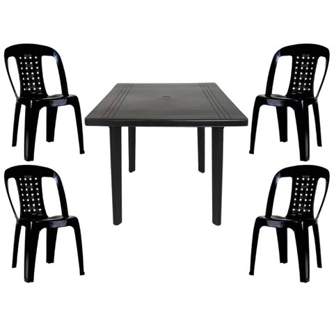 Mesa Quadrada Plástico Desmontável 90cm Preta + 4 Cadeiras Vime