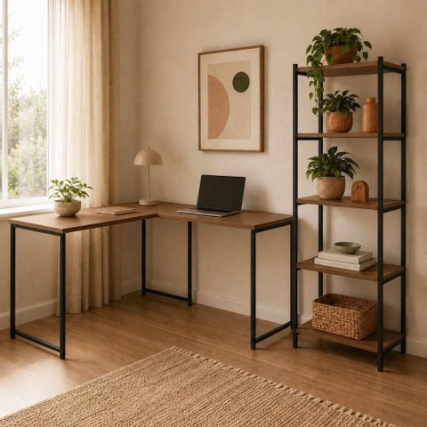Kit Mesa L + Estante Industrial 5 Prateleiras MDF-MDP Preto-Imbuia Klm Store